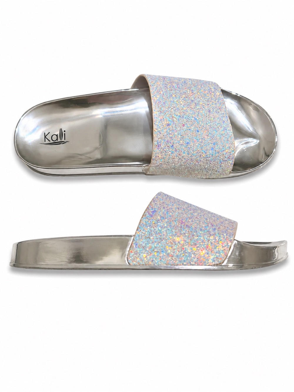 Kali Iridescent Glitter Silver Slide Sandals